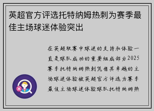英超官方评选托特纳姆热刺为赛季最佳主场球迷体验突出