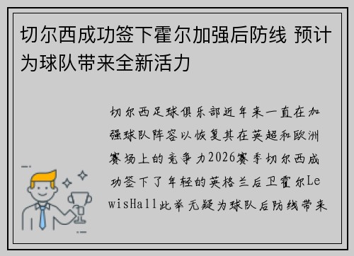 切尔西成功签下霍尔加强后防线 预计为球队带来全新活力